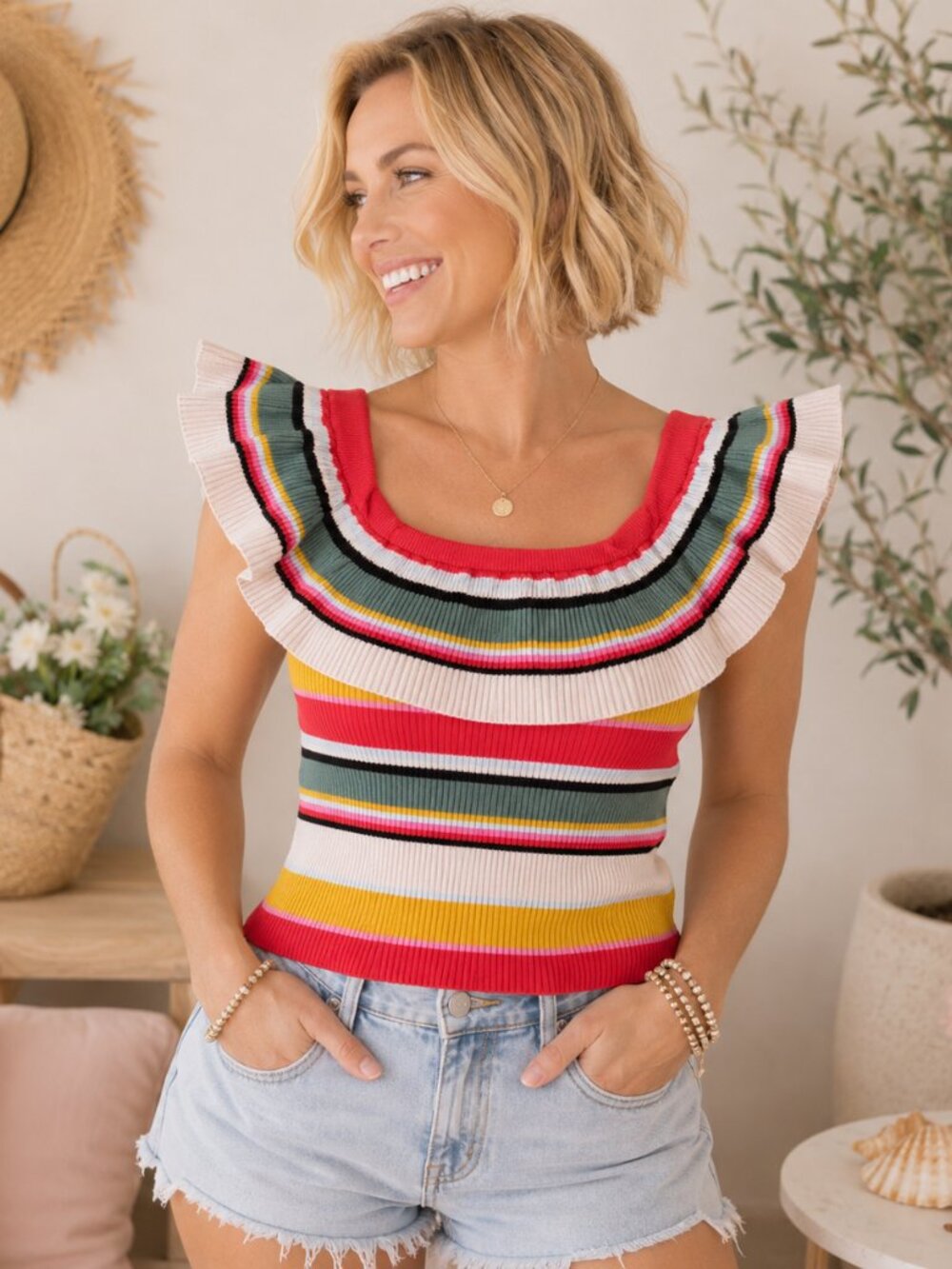 Billabong Striped Stretch Ruffle Top | Size SP